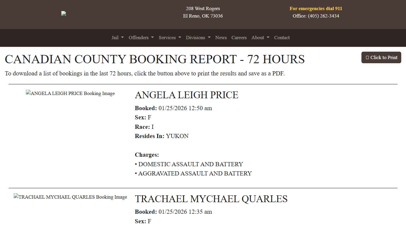 72 Hour Booking Report Canadian County Sheriff's Office